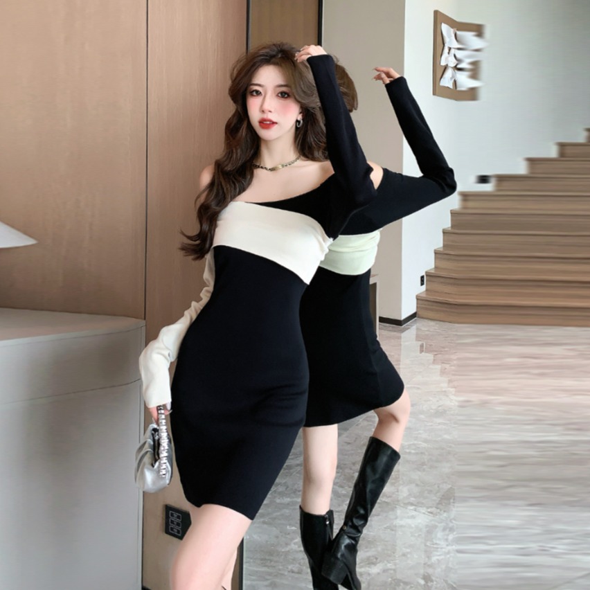 【dress】オフショルダー長袖ニットワンピースG24084