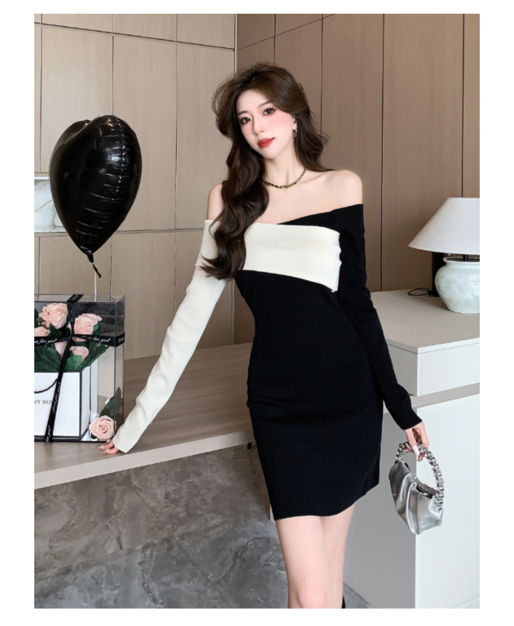 【dress】オフショルダー長袖ニットワンピースG24084