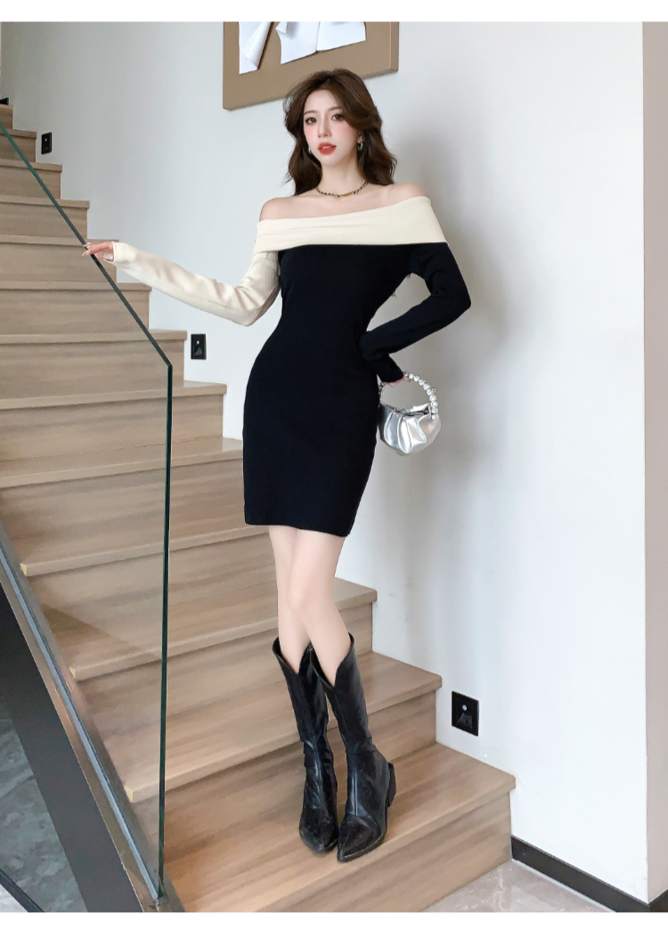 【dress】オフショルダー長袖ニットワンピースG24084