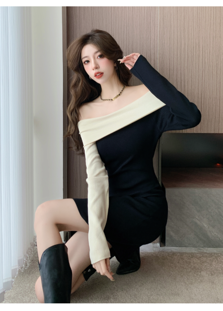 【dress】オフショルダー長袖ニットワンピースG24084