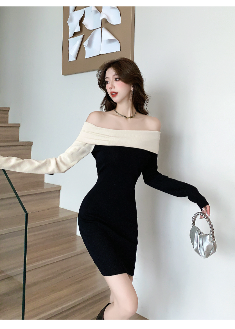 【dress】オフショルダー長袖ニットワンピースG24084
