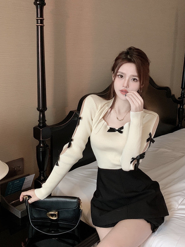 【tops】リボンスクエアネックニットセーターG24095