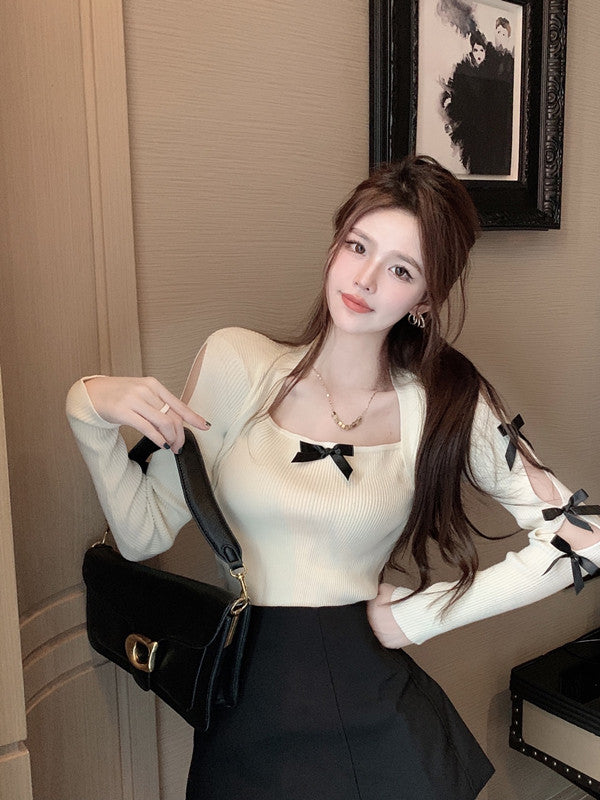 【tops】リボンスクエアネックニットセーターG24095