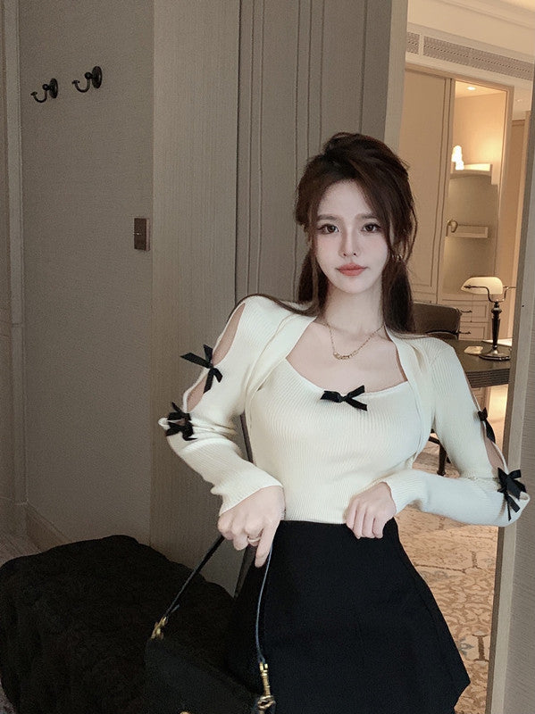 【tops】リボンスクエアネックニットセーターG24095