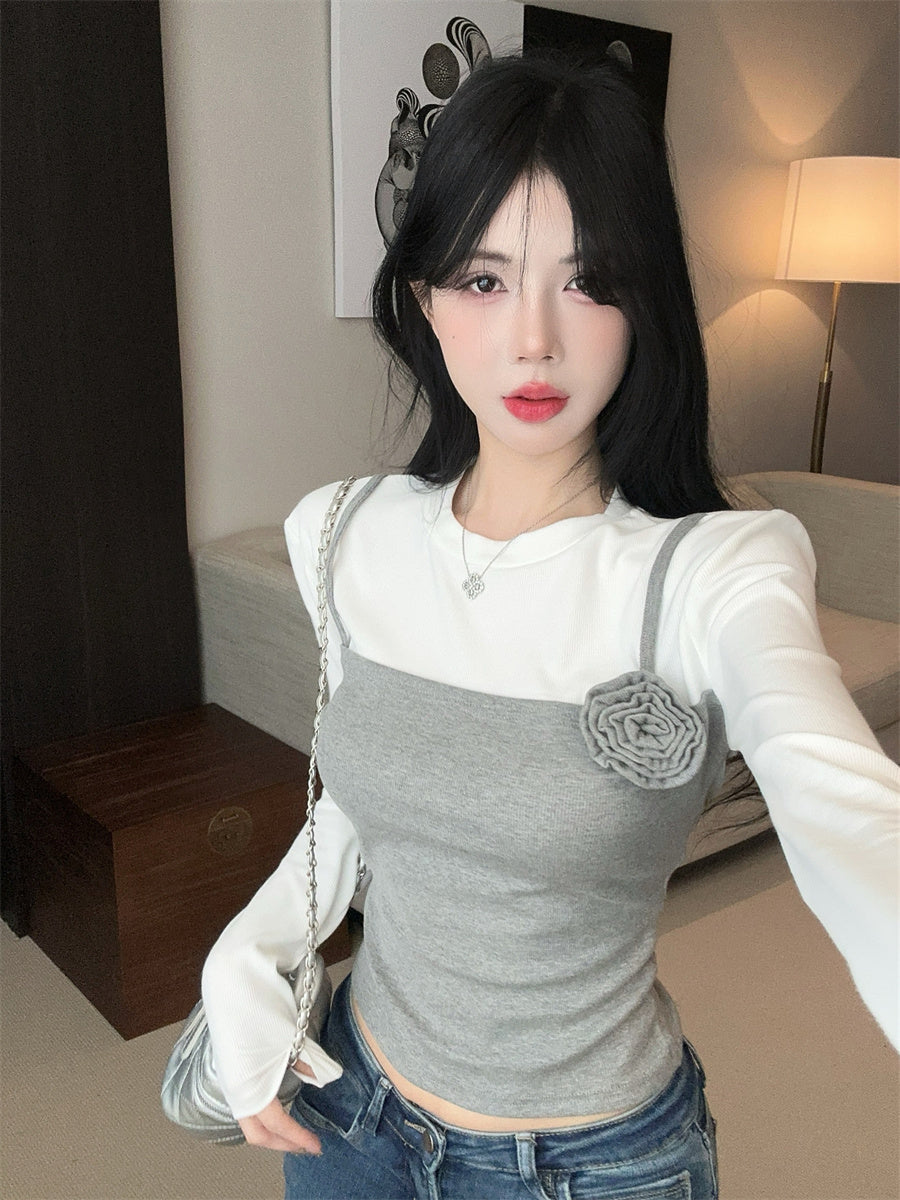 【tops】フラワー偽二つ切り替えTシャツG24102