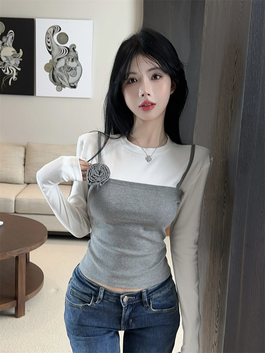 【tops】フラワー偽二つ切り替えTシャツG24102