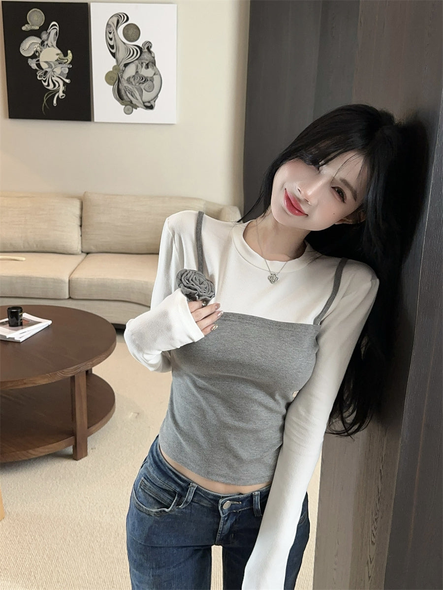 【tops】フラワー偽二つ切り替えTシャツG24102