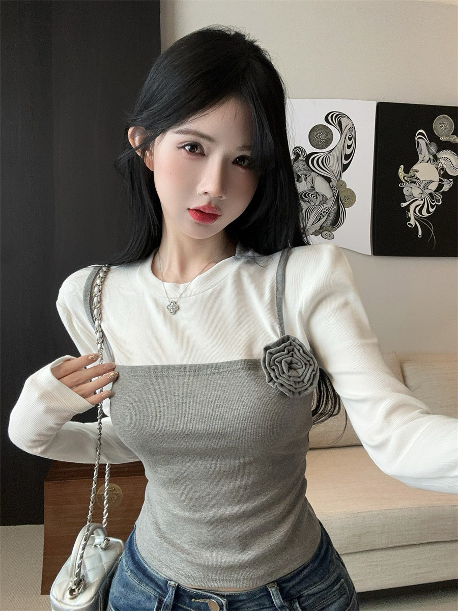 【tops】フラワー偽二つ切り替えTシャツG24102