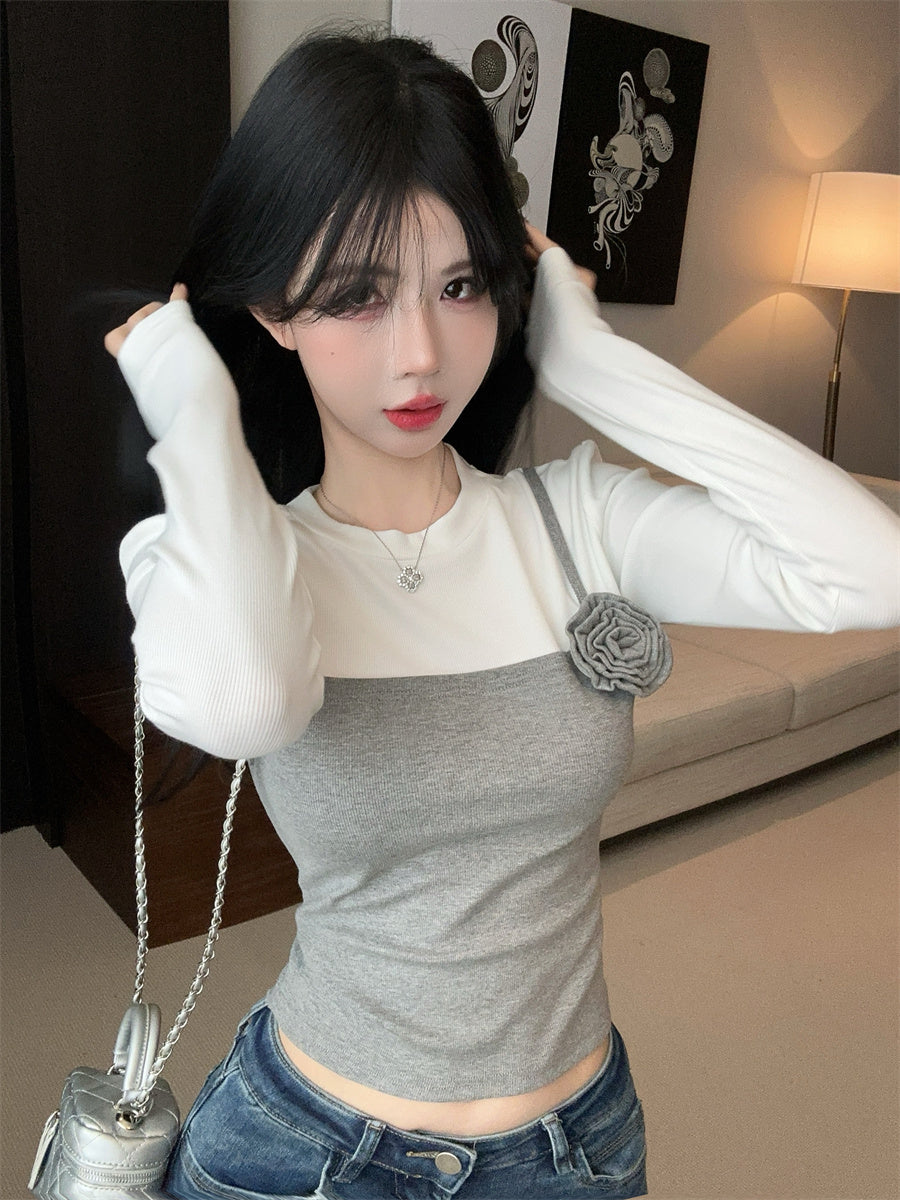 【tops】フラワー偽二つ切り替えTシャツG24102