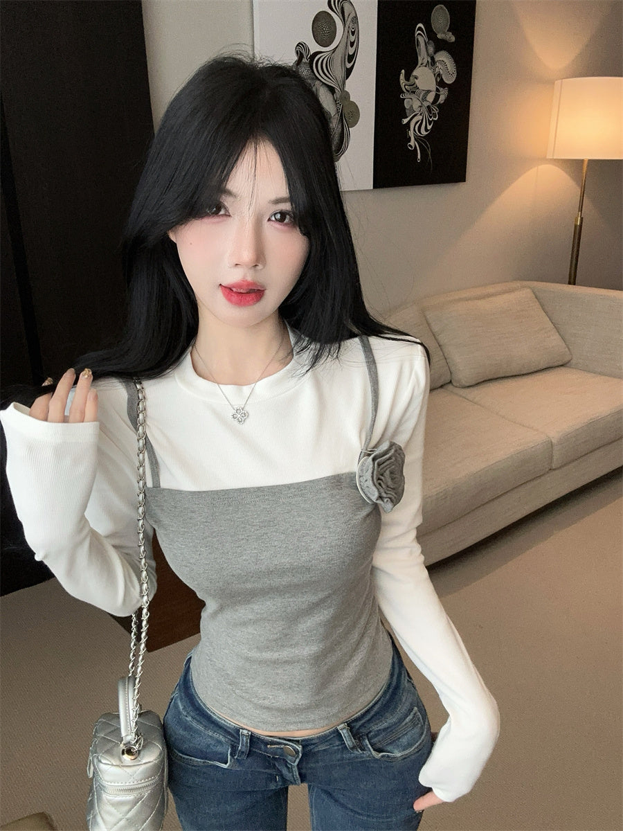 【tops】フラワー偽二つ切り替えTシャツG24102