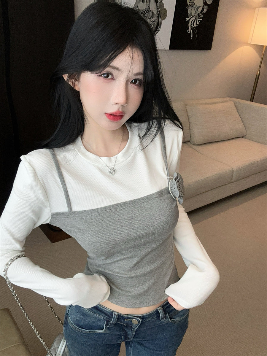 【tops】フラワー偽二つ切り替えTシャツG24102