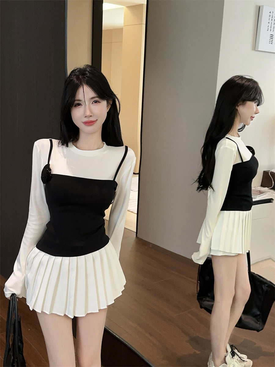 【tops】フラワー偽二つ切り替えTシャツG24102