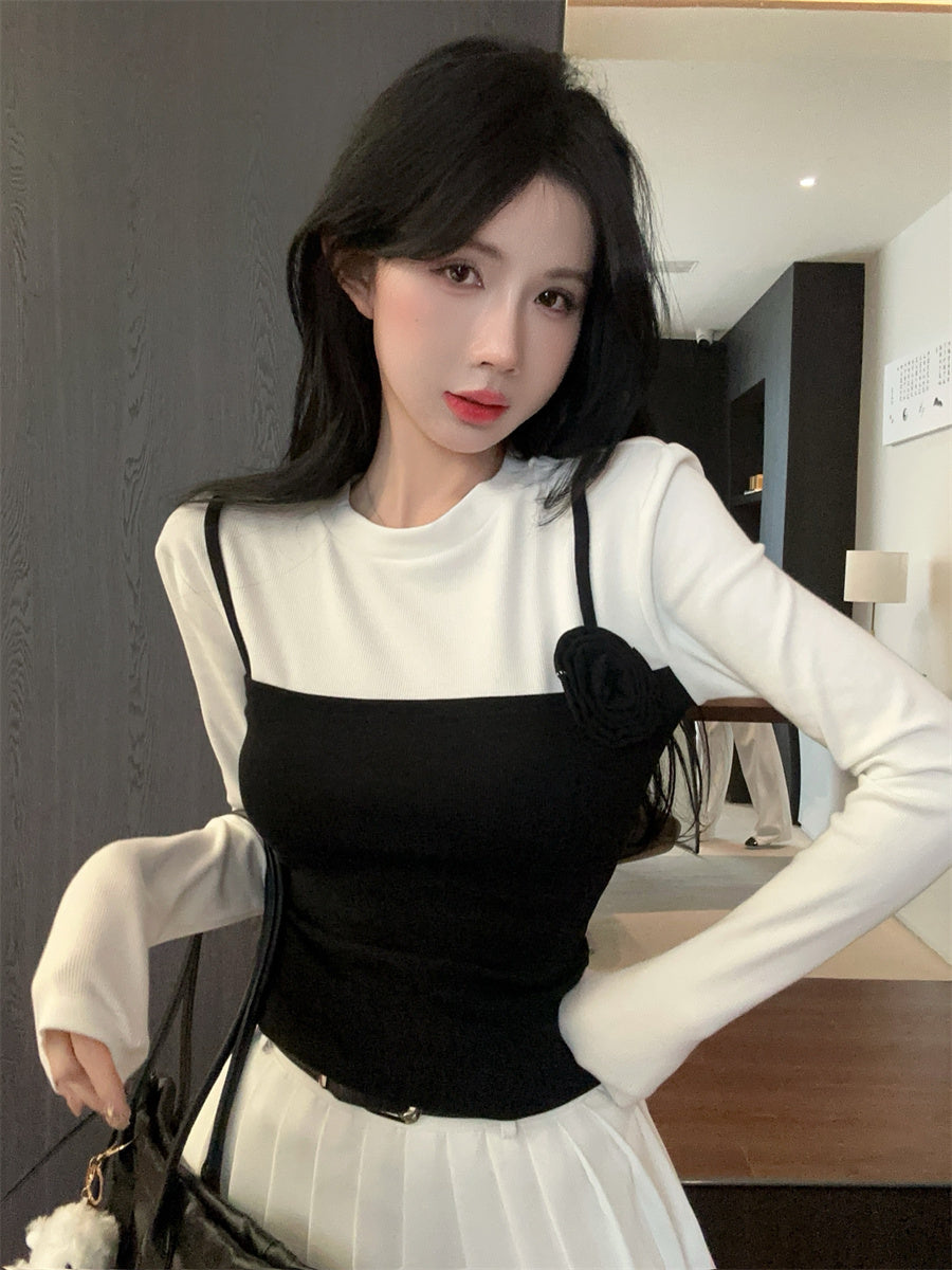 【tops】フラワー偽二つ切り替えTシャツG24102