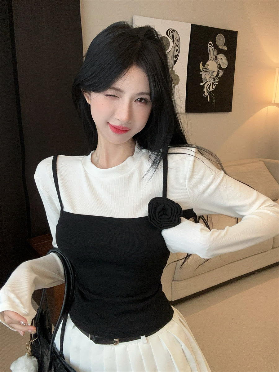 【tops】フラワー偽二つ切り替えTシャツG24102
