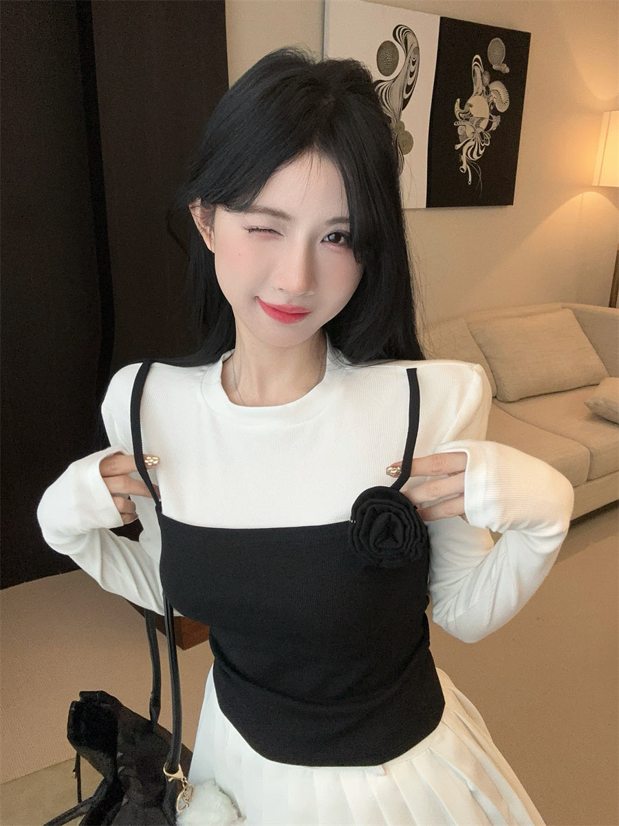 【tops】フラワー偽二つ切り替えTシャツG24102