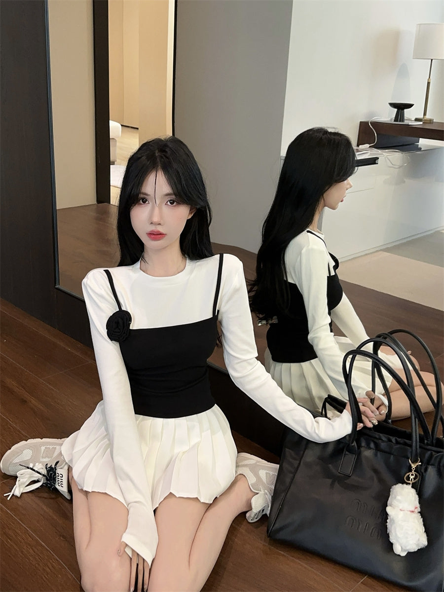 【tops】フラワー偽二つ切り替えTシャツG24102