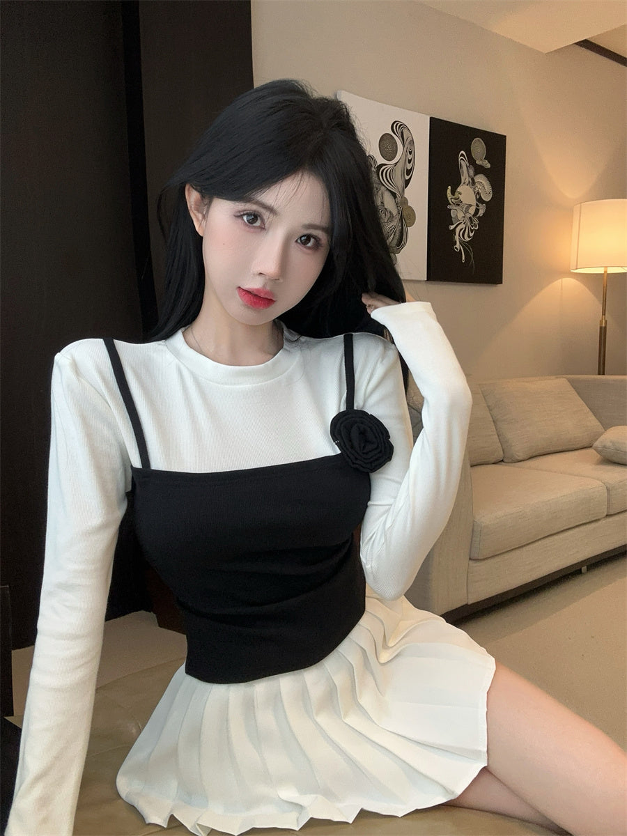 【tops】フラワー偽二つ切り替えTシャツG24102