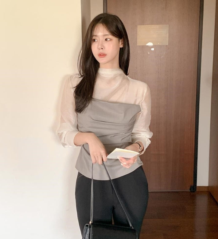 【tops】偽二つ切り替え長袖ブラウスG24112