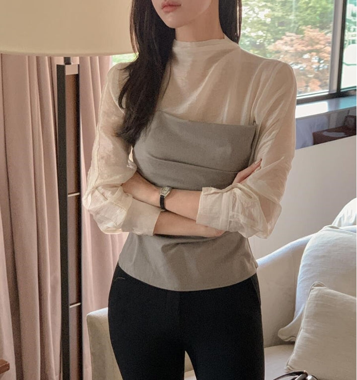 【tops】偽二つ切り替え長袖ブラウスG24112