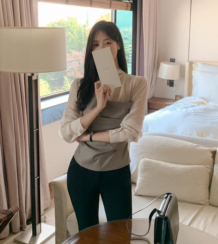 【tops】偽二つ切り替え長袖ブラウスG24112