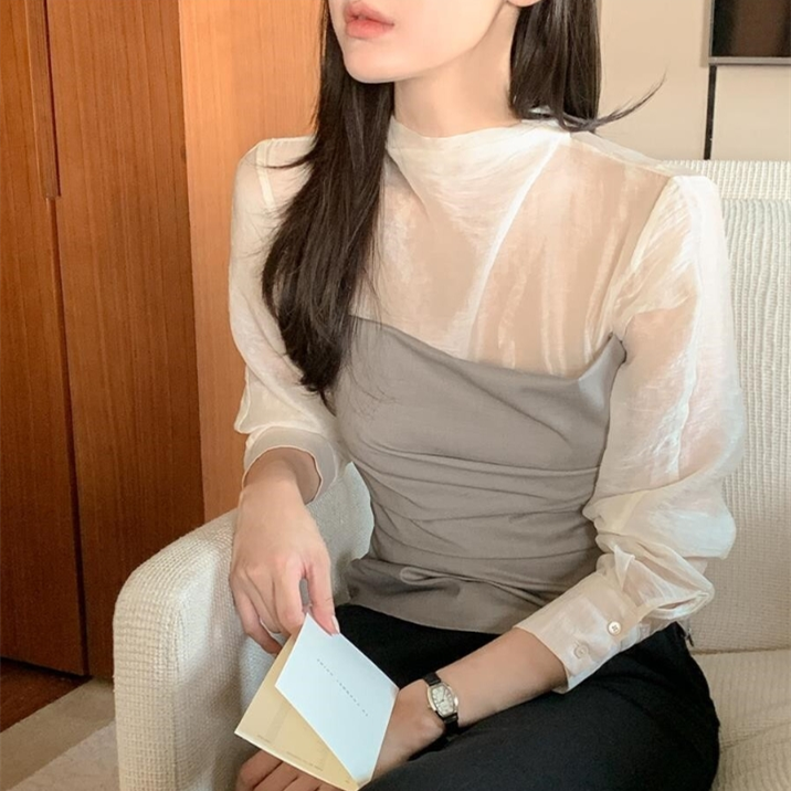 【tops】偽二つ切り替え長袖ブラウスG24112