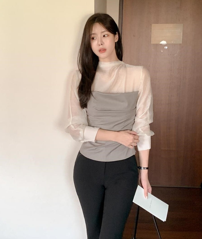 【tops】偽二つ切り替え長袖ブラウスG24112