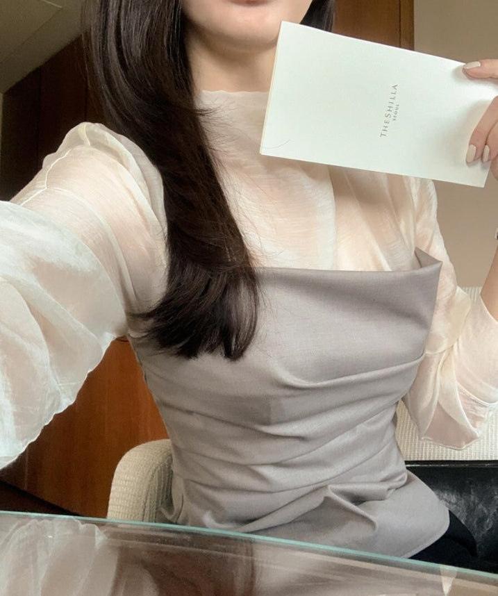 【tops】偽二つ切り替え長袖ブラウスG24112