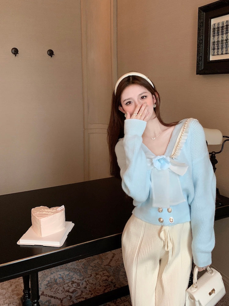 【outer】リボンVネックニットカーディガンG24122