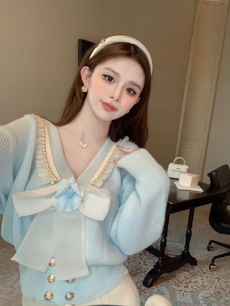 【outer】リボンVネックニットカーディガンG24122