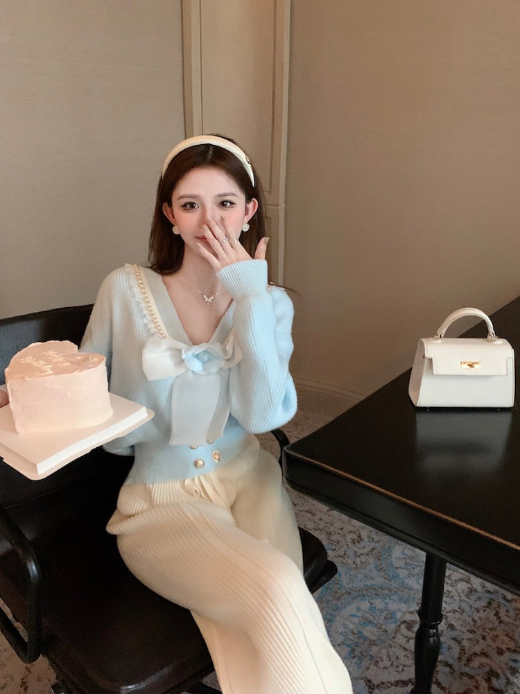 【outer】リボンVネックニットカーディガンG24122