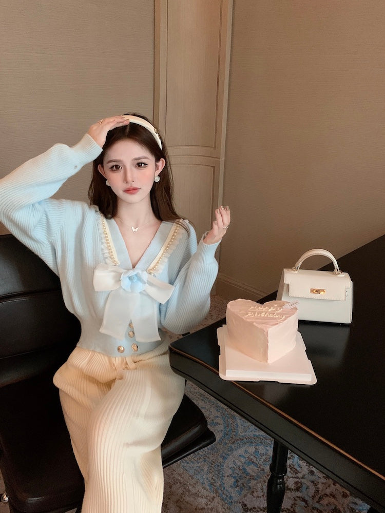 【outer】リボンVネックニットカーディガンG24122