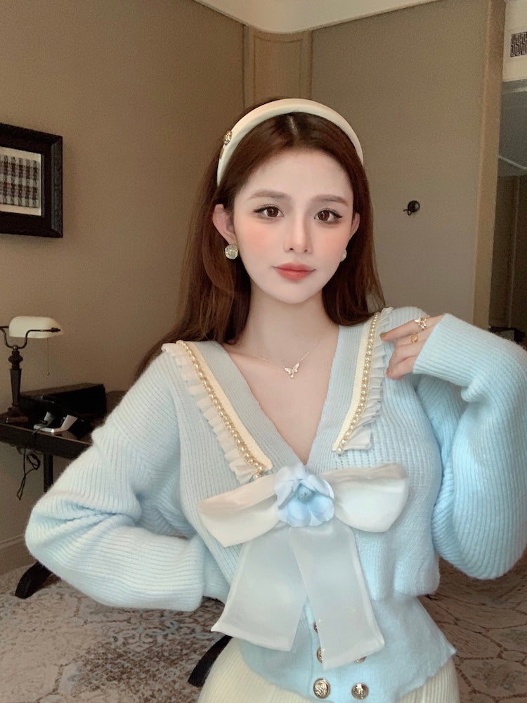 【outer】リボンVネックニットカーディガンG24122