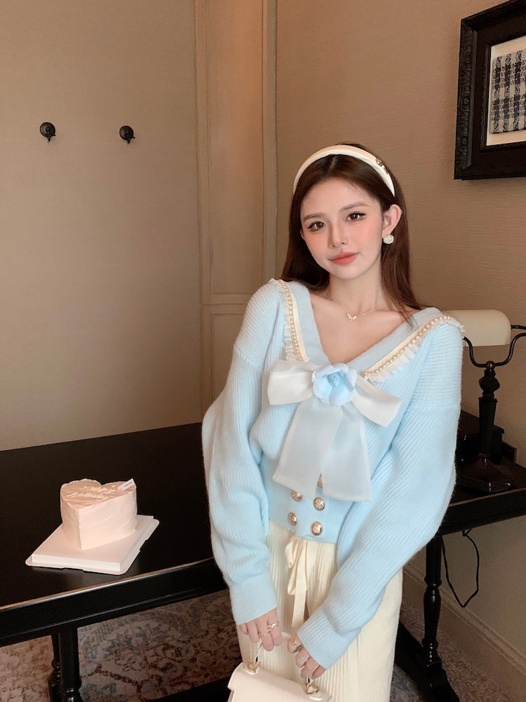 【outer】リボンVネックニットカーディガンG24122