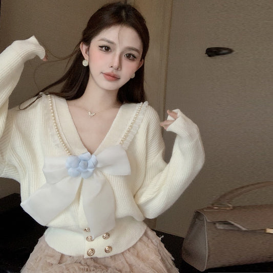 【outer】リボンVネックニットカーディガンG24122