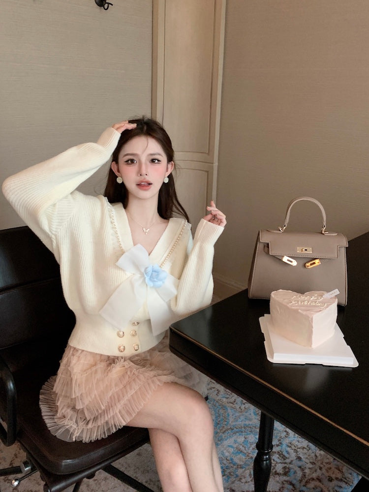 【outer】リボンVネックニットカーディガンG24122