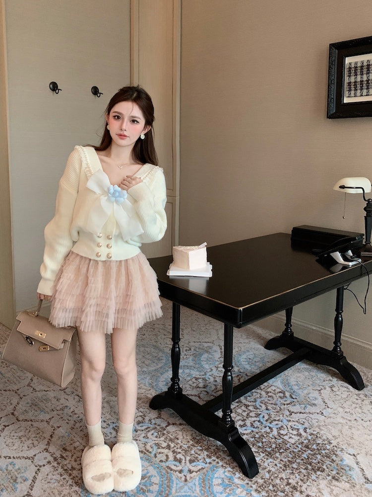 【outer】リボンVネックニットカーディガンG24122