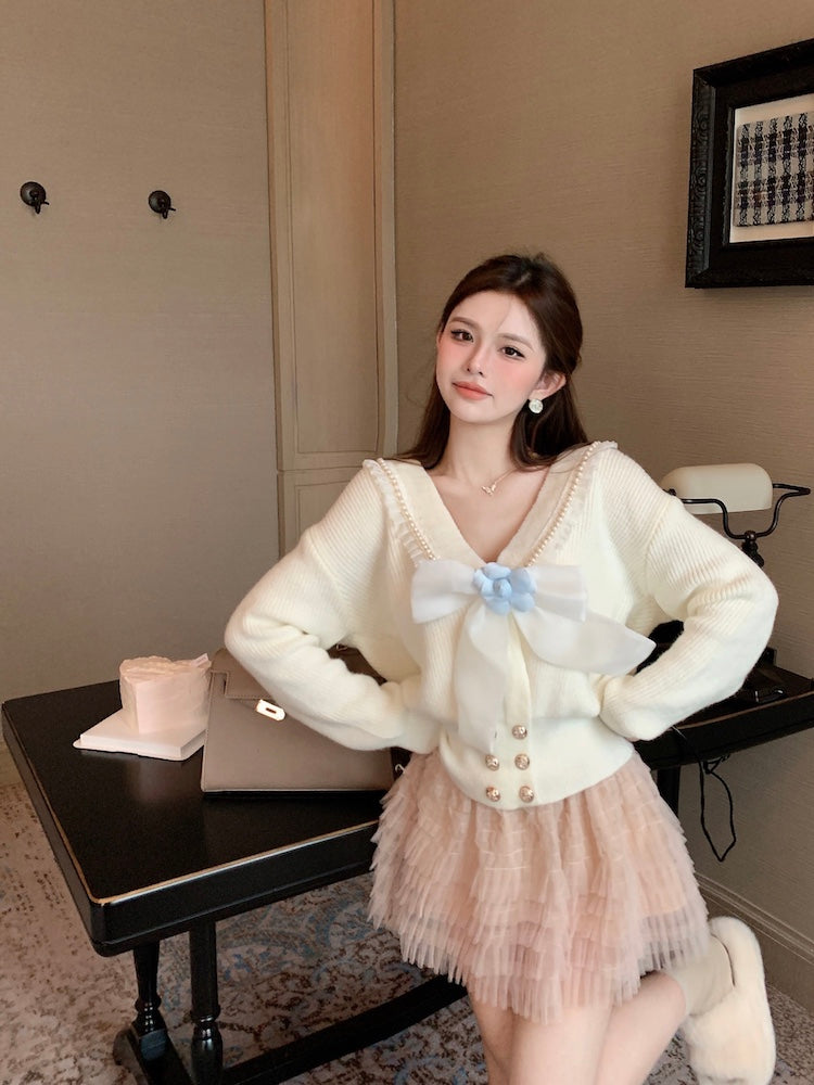 【outer】リボンVネックニットカーディガンG24122