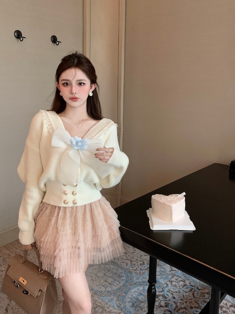 【outer】リボンVネックニットカーディガンG24122