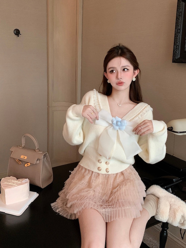 【outer】リボンVネックニットカーディガンG24122