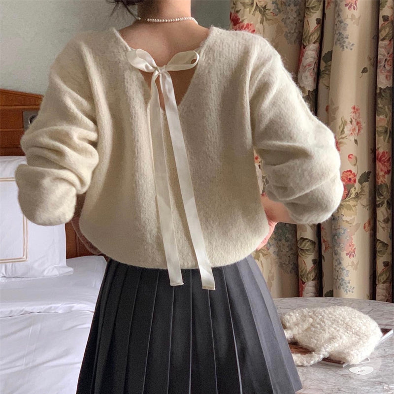 【tops】リボンVネック長袖ニットセーターG24126