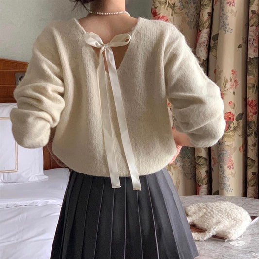 【tops】リボンVネック長袖ニットセーターG24126