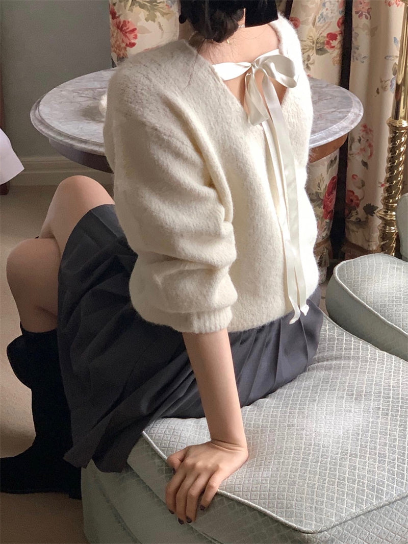 【tops】リボンVネック長袖ニットセーターG24126