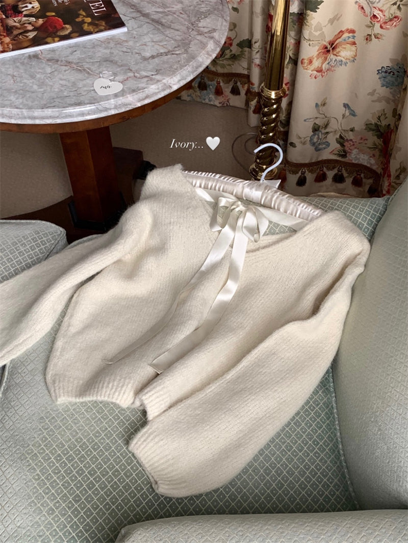 【tops】リボンVネック長袖ニットセーターG24126