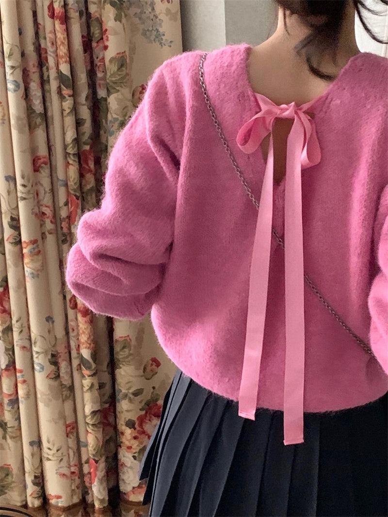 【tops】リボンVネック長袖ニットセーターG24126