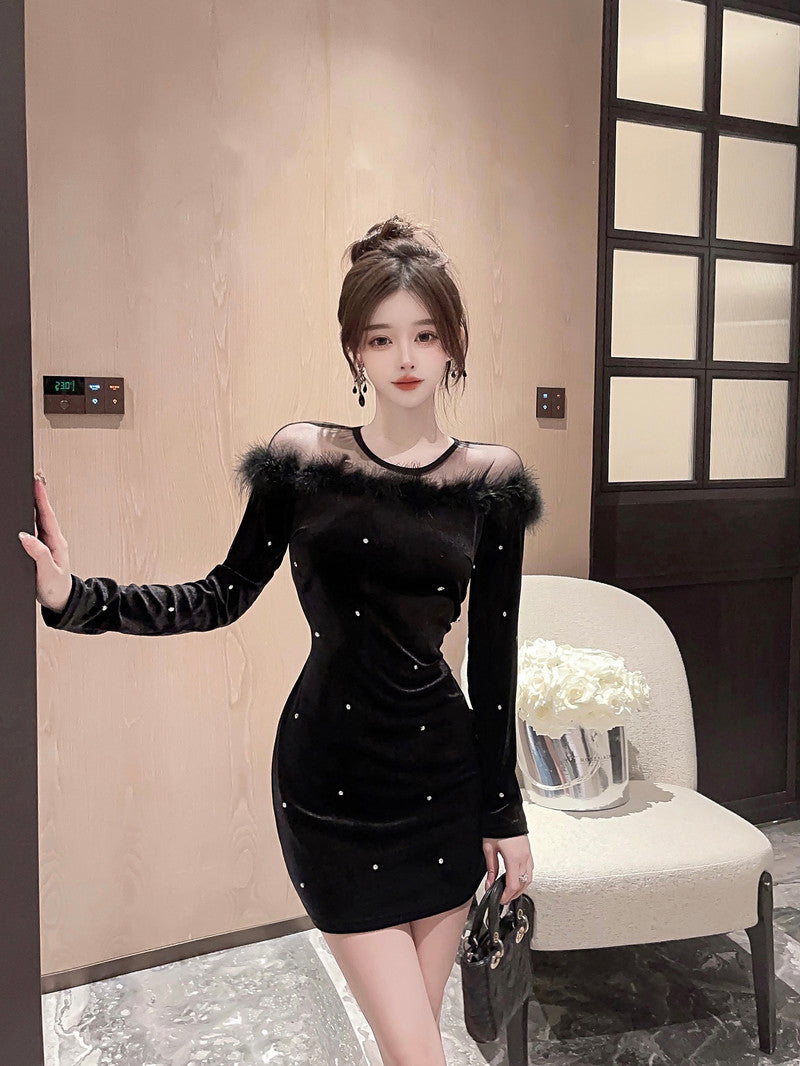 【dress】ファー透かし彫り長袖ワンピースG24132