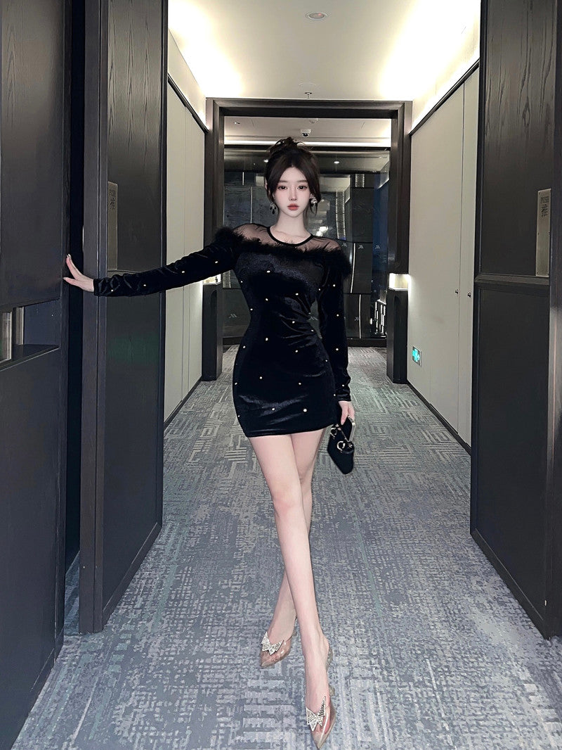 【dress】ファー透かし彫り長袖ワンピースG24132