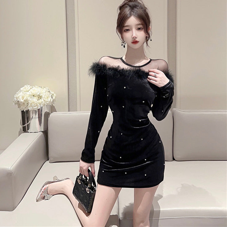 【dress】ファー透かし彫り長袖ワンピースG24132