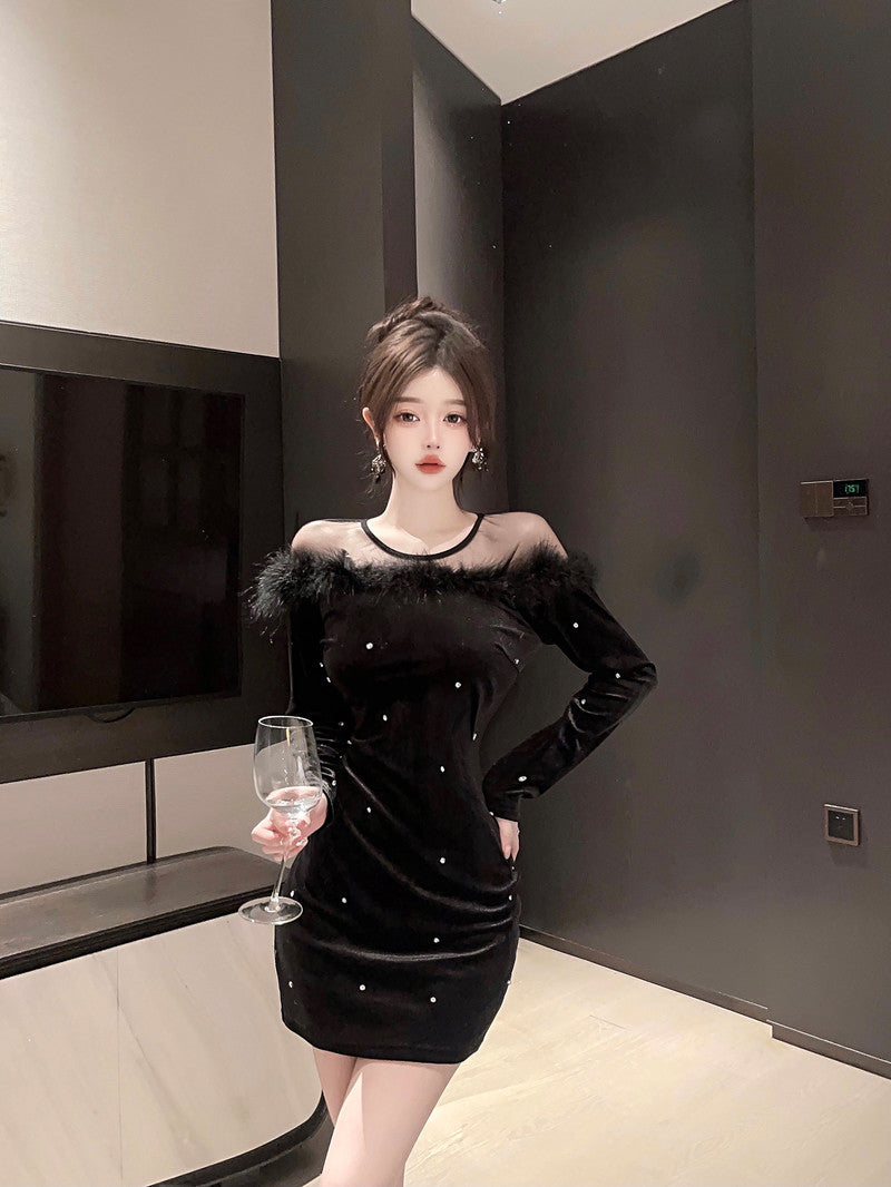 【dress】ファー透かし彫り長袖ワンピースG24132