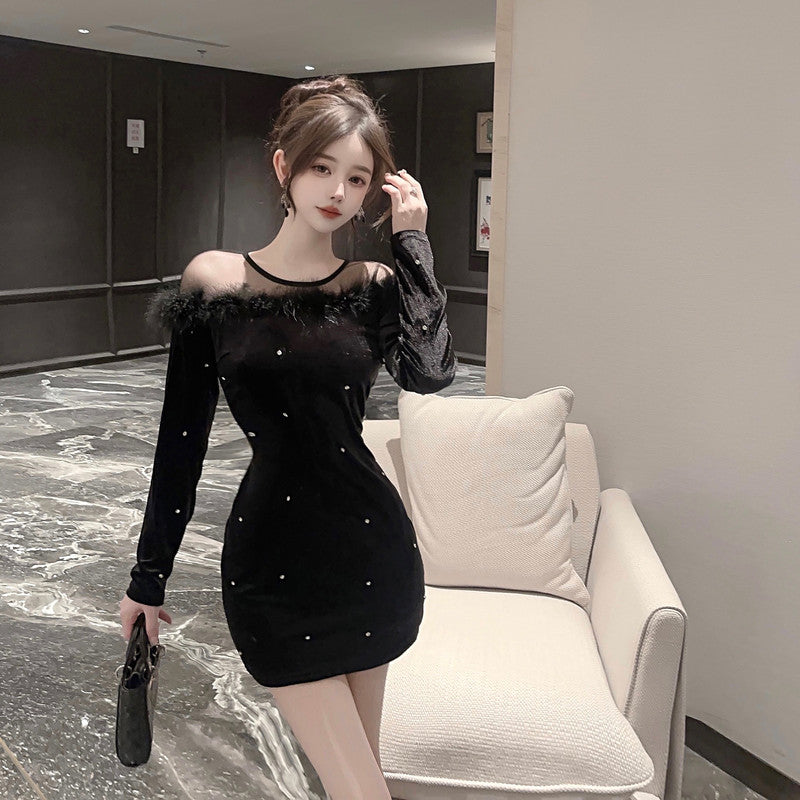 【dress】ファー透かし彫り長袖ワンピースG24132