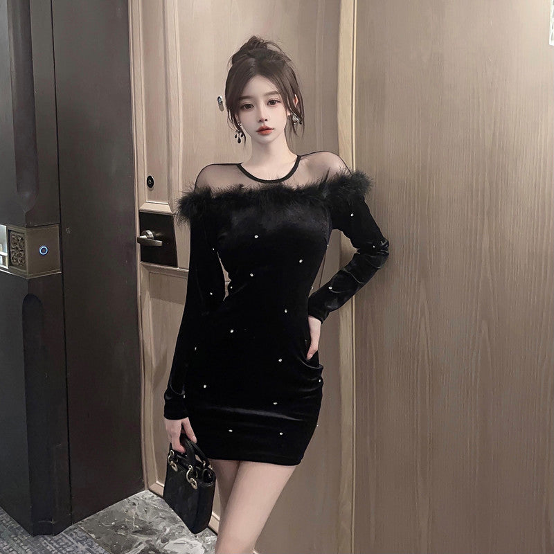 【dress】ファー透かし彫り長袖ワンピースG24132